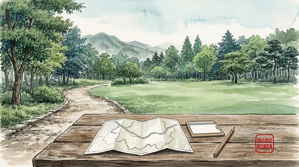 A modern ink-wash landscape painting of a blank paper map, plain transit card, pencil, and park path leading to an open lawn.