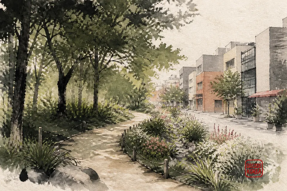 An ink-wash garden path connecting a shaded urban park with a low-rise neighborhood street.