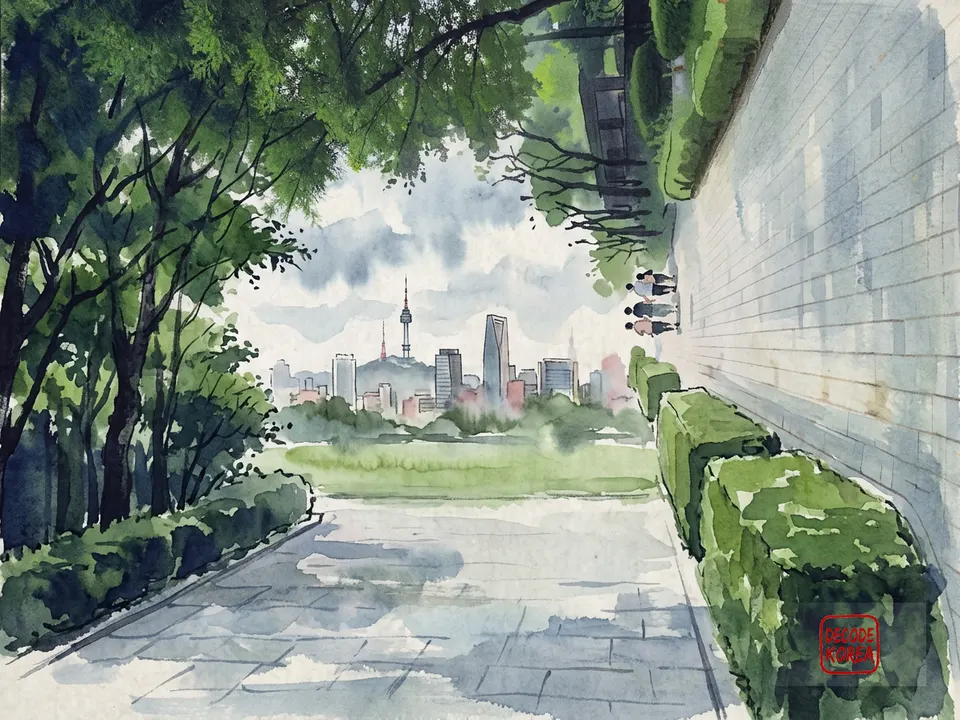 A modern ink-wash color painting of a tree-lined path opening onto a lawn with Seoul's skyline in the distance.