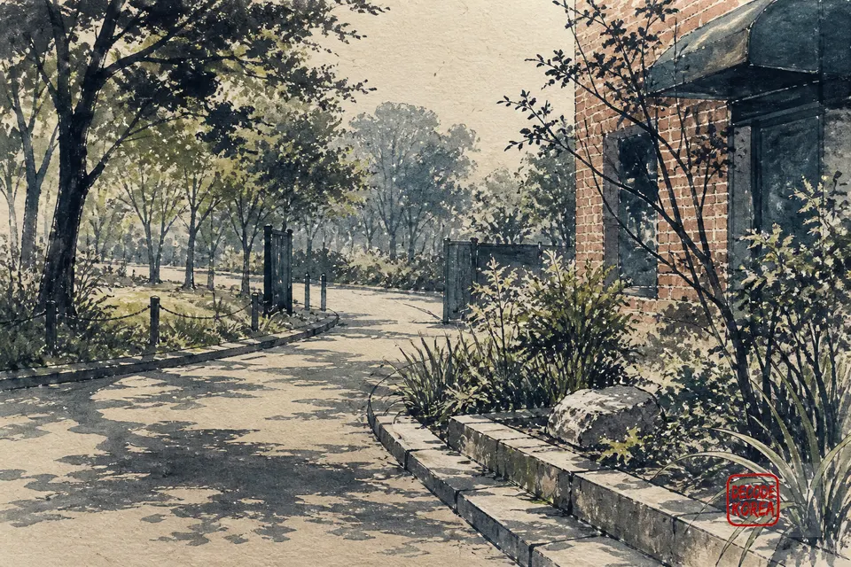 A painted park edge with planting beds and a brick street frontage.