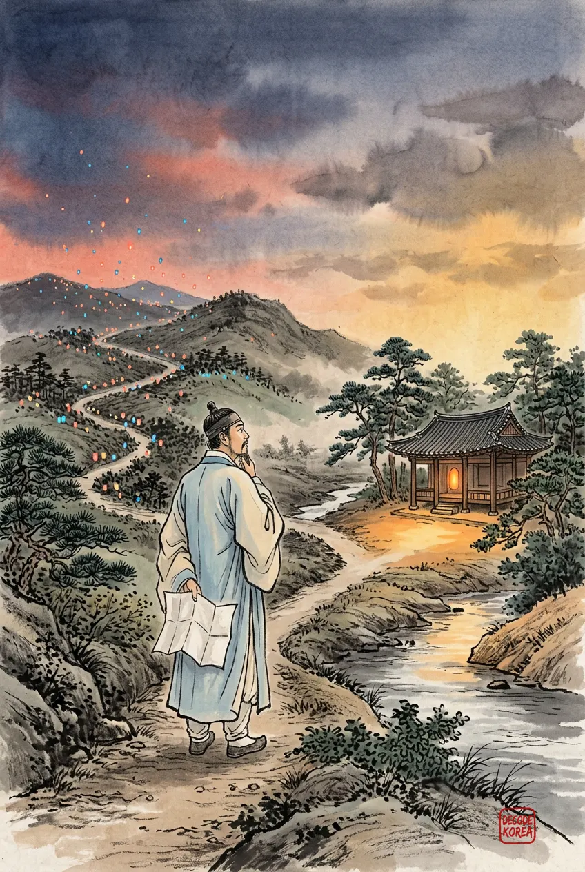 An ink-wash traveler faces many distant festival lights on one side and a single empty pavilion on the other.