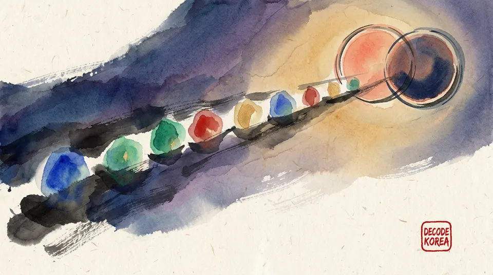 Nine colored ink lights follow a diagonal brush path toward two overlapping circles on textured paper.