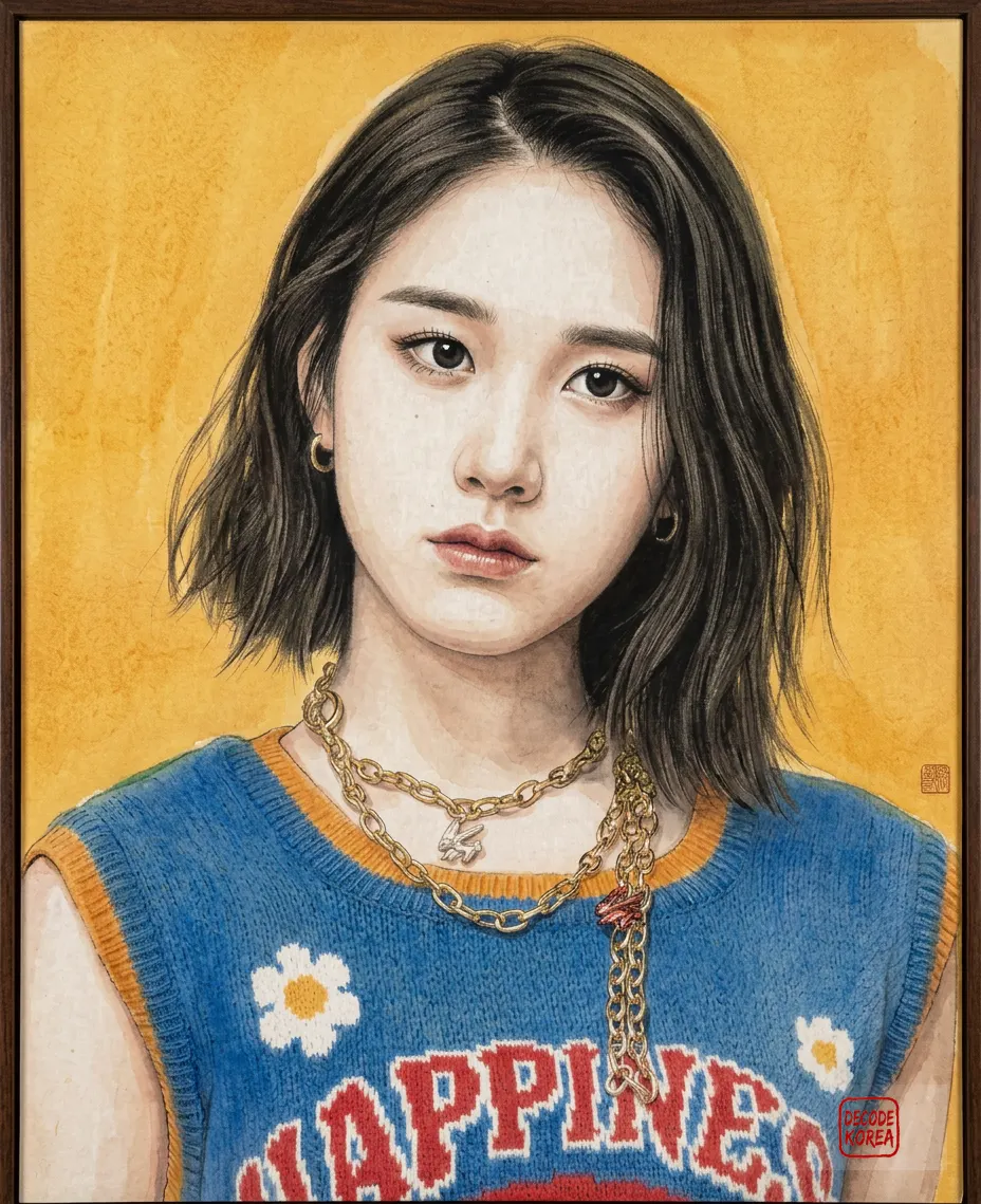 A modern ink-wash color painting of STAYC member J during a Marie Claire Korea interview in April 2022.