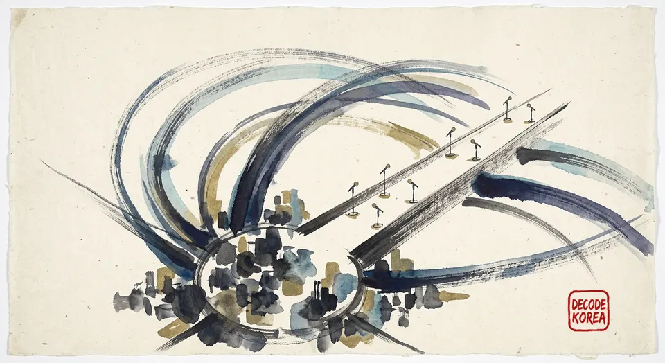 An empty symbolic runway with eight microphone stands and abstract route arcs beginning near a city node.