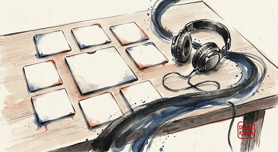 A modern ink-wash painting of generic headphones, a blank central sleeve, eight blank track cards, and an abstract sound ribbon on a listening desk.