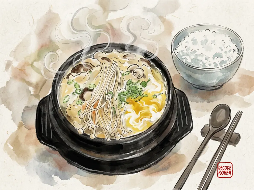 A modern ink-wash color painting of a bubbling Korean soft tofu stew with egg, mushrooms, and scallions in a black earthenware bowl beside rice.