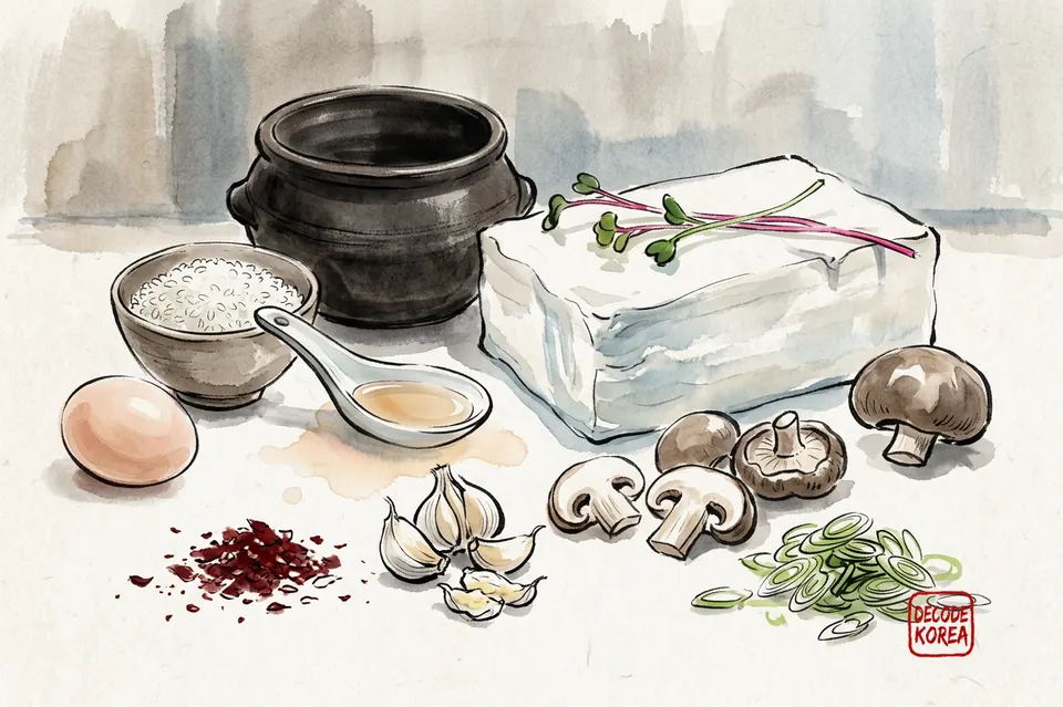A modern ink-wash color painting of soft tofu, broth, chili flakes, garlic, mushrooms, scallions, an egg, rice, and an empty earthenware pot arranged on a kitchen counter.