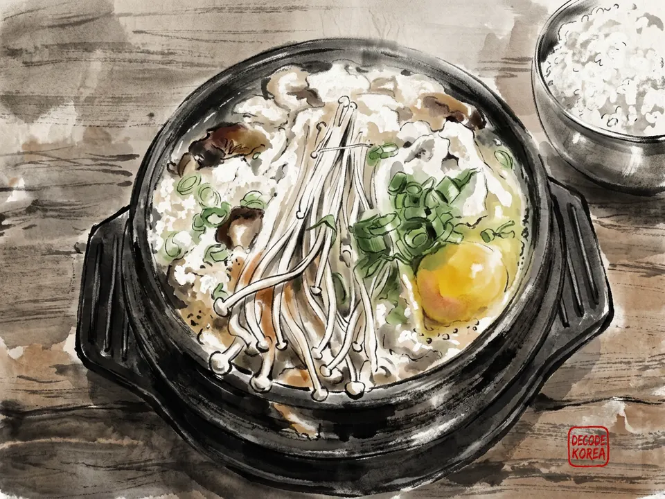 A modern ink-wash color painting of a bubbling sundubu jjigae with soft tofu, egg, mushrooms, scallions, and a bowl of rice on a wooden table.