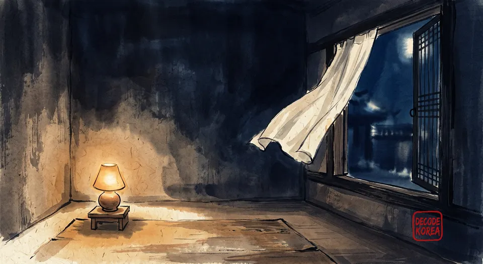 A modern ink-wash color painting of an empty night room lit by one lamp, with an open window and a curtain still lifting in the air.