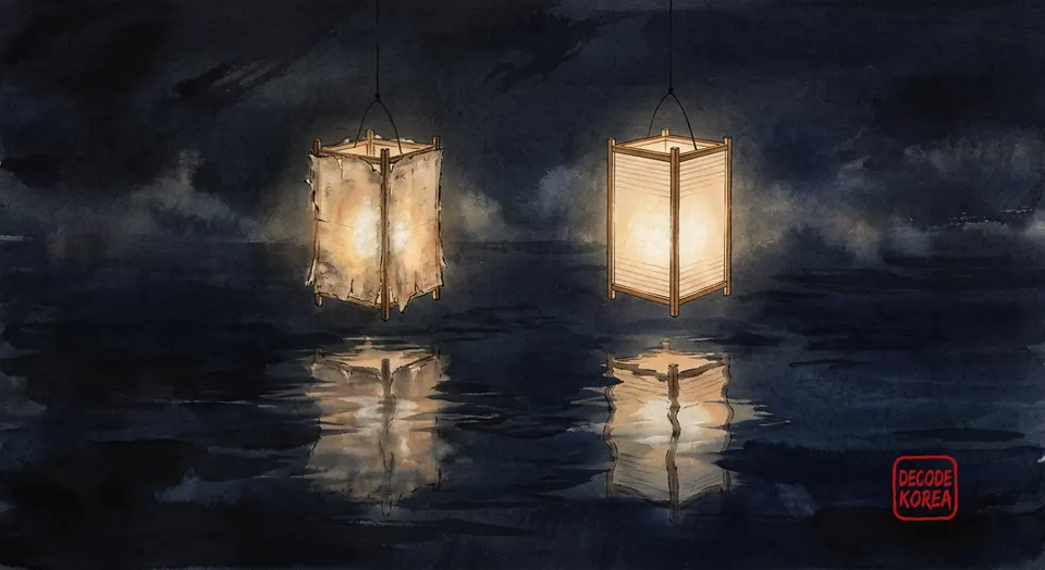A modern ink-wash color painting of two paper lanterns, one weathered and one new, drifting side by side above dark water.