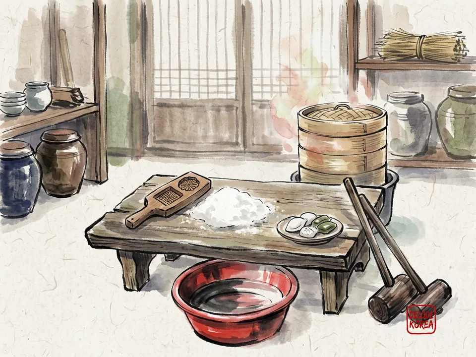 A modern ink-wash color painting of rice flour, a wooden rice-cake mold, a bamboo steamer, and finished tteok in a quiet traditional craft room.