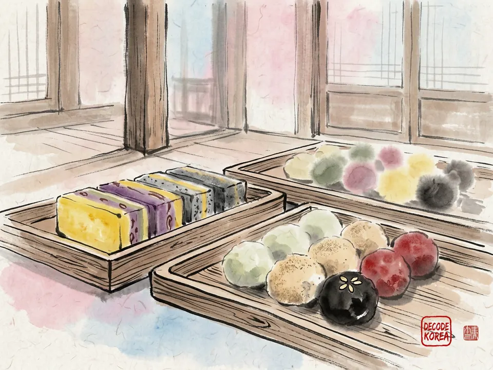 A modern ink-wash color painting of assorted Korean rice cakes arranged on separate trays in a quiet wood-and-paper interior.
