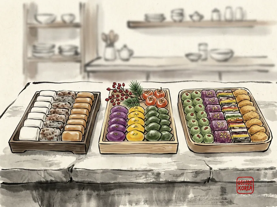 A modern ink-wash color painting of three separate trays showing plain, seasonal, and sharing arrangements of Korean rice cakes on a kitchen worktable.