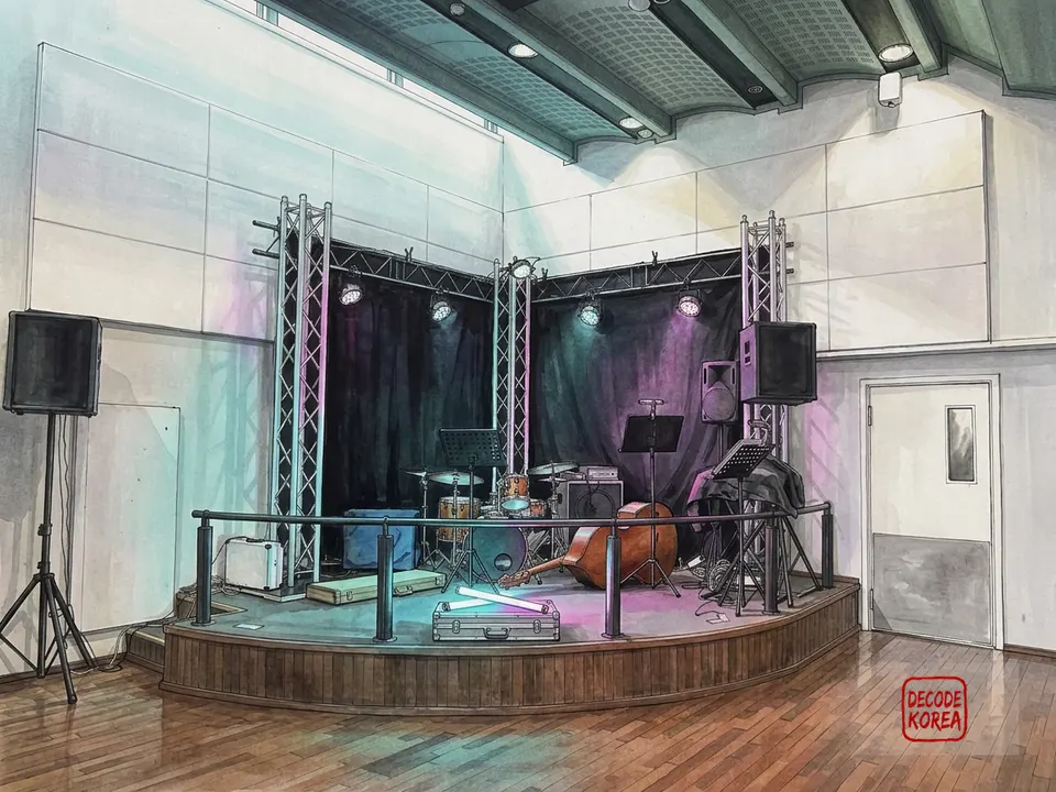 A modern ink-wash color painting of a generic glowing light stick resting on a production case in front of an empty concert stage during a synchronization test.