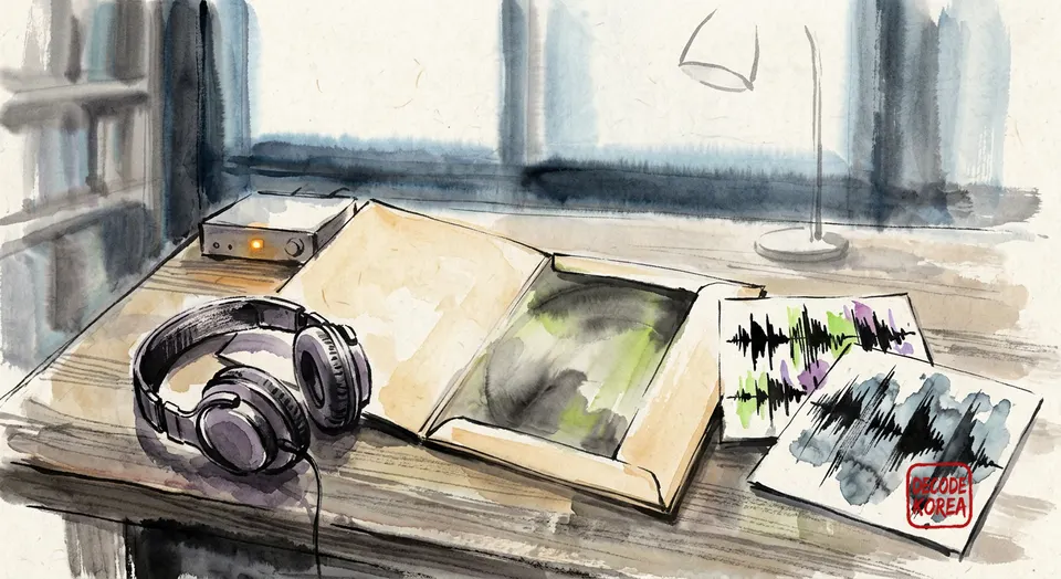 A modern ink-wash painting of unbranded headphones, a blank record sleeve, and abstract waveform cards on a listening desk.
