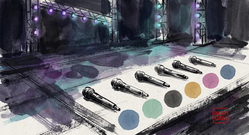 Six microphones beside colored circles on an empty ink-wash rehearsal stage.