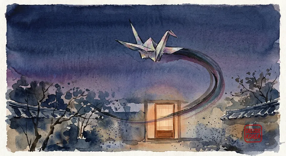 A modern ink-wash color painting of a generic paper crane circling back toward a lit doorway at dusk.