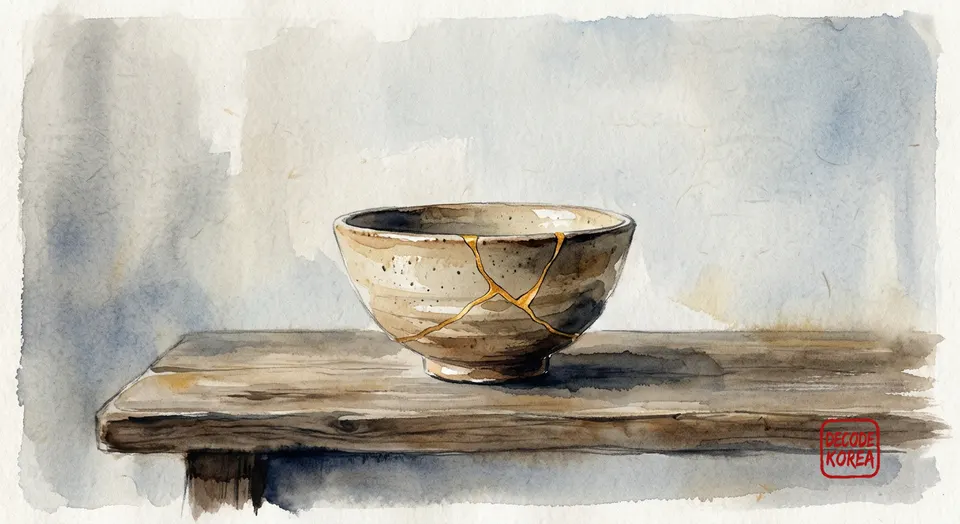 A modern ink-wash color painting of a cracked ceramic bowl mended with visible gold-toned seams, resting on a quiet table.